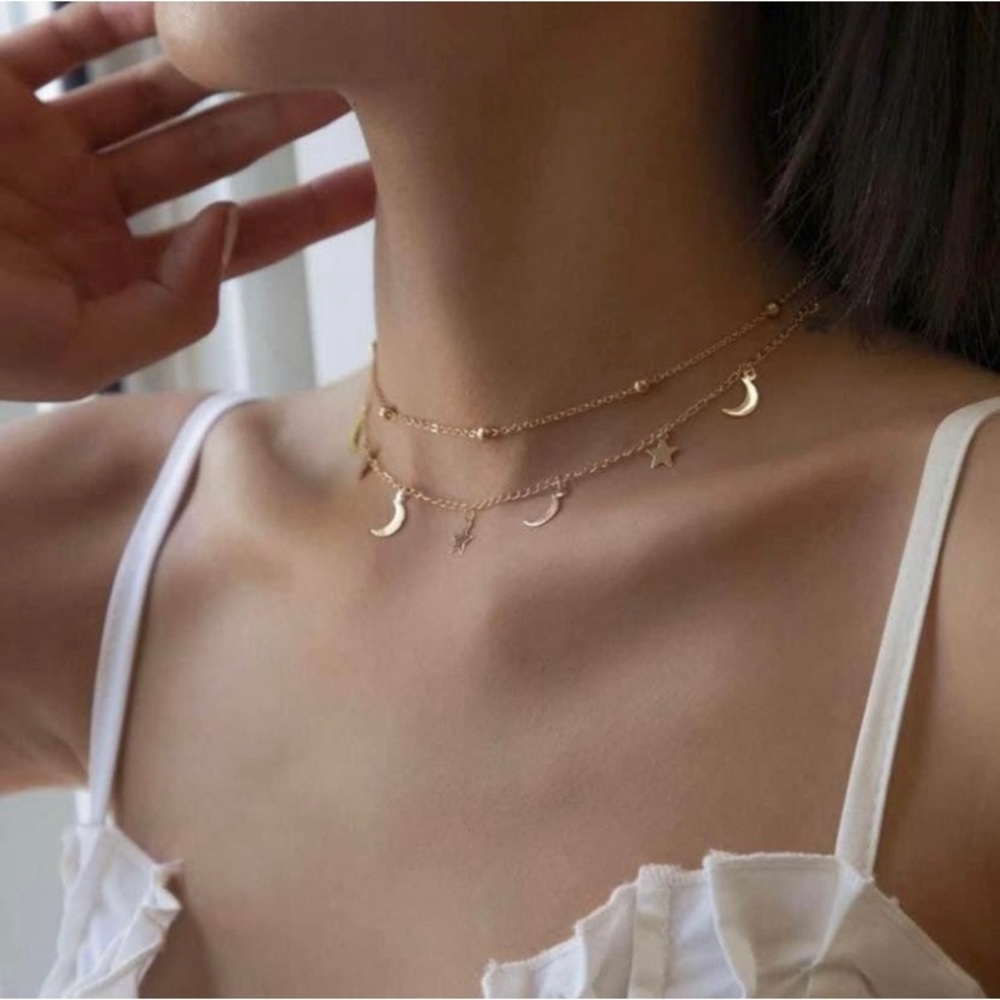 Double Layer Star Moon Gold Choker Chain Necklace Like New Scattered Pendant EUC
